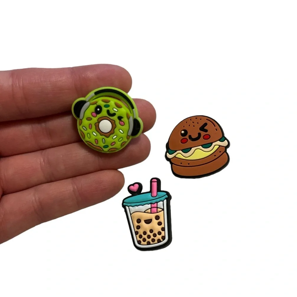 Adorable food character shoe/croc charm 3 piece bundle NEW burger donut boba